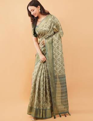 Olive polyester woven design saree with blouse 1