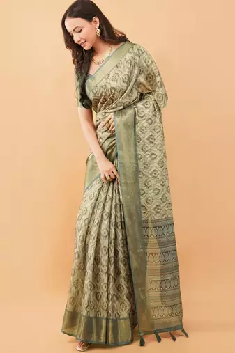 Olive polyester woven design saree with blouse