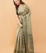 Olive polyester woven design saree with blouse