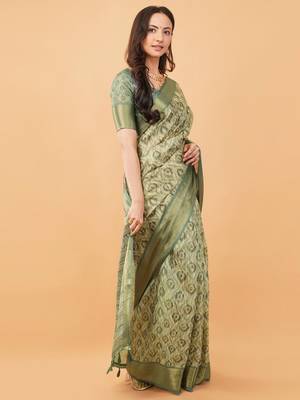 Olive polyester woven design saree with blouse 2