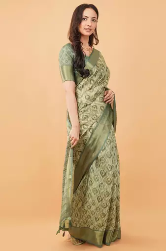 Olive polyester woven design saree with blouse