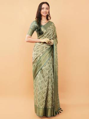Olive polyester woven design saree with blouse 3