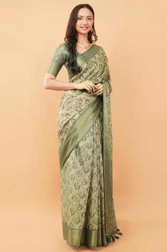 Olive polyester woven design saree with blouse