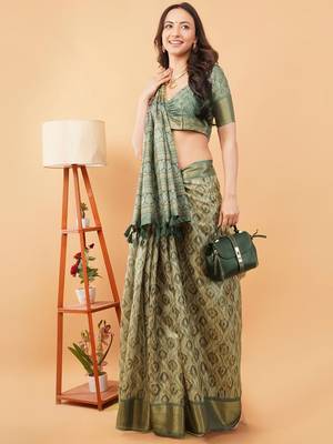 Olive polyester woven design saree with blouse 4