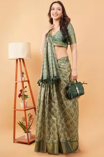 Olive polyester woven design saree with blouse