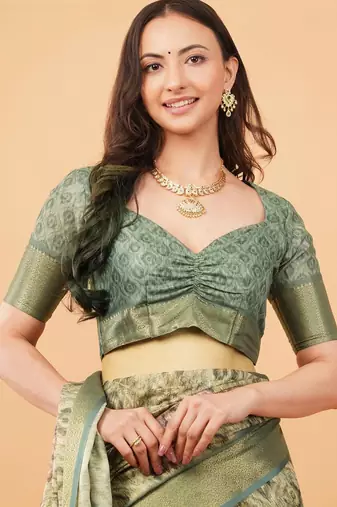 Olive polyester woven design saree with blouse