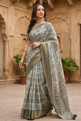 Grey polyester printed saree with blouse