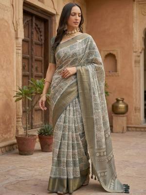 Grey polyester printed saree with blouse 2