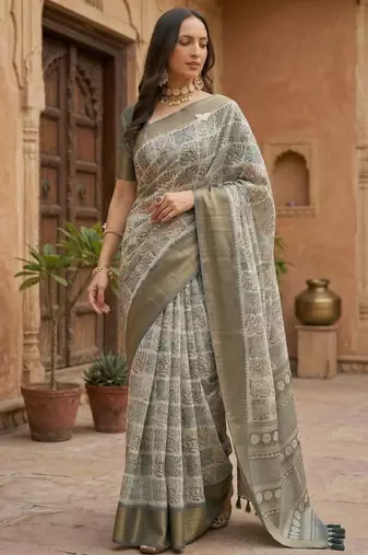 Grey polyester printed saree with blouse