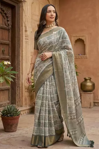 Grey polyester printed saree with blouse