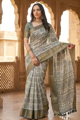 Grey polyester printed saree with blouse