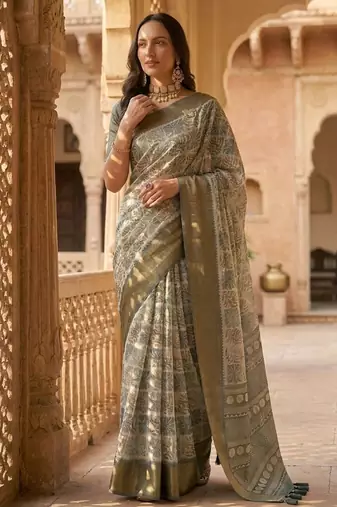 Grey polyester printed saree with blouse