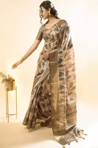 Beige polyester woven design saree with blouse