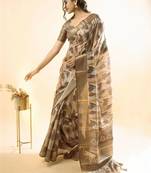 Beige polyester woven design saree with blouse