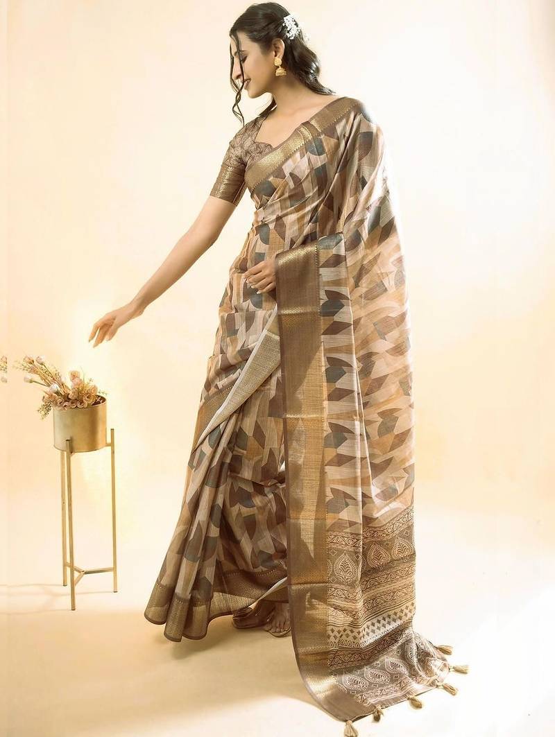 Beige polyester woven design saree with blouse