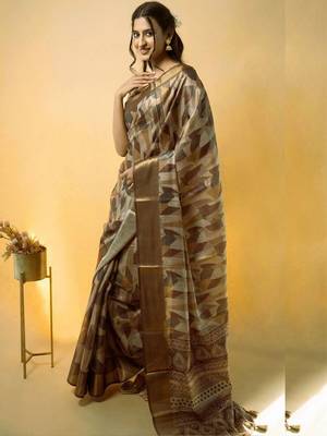Beige polyester woven design saree with blouse 2