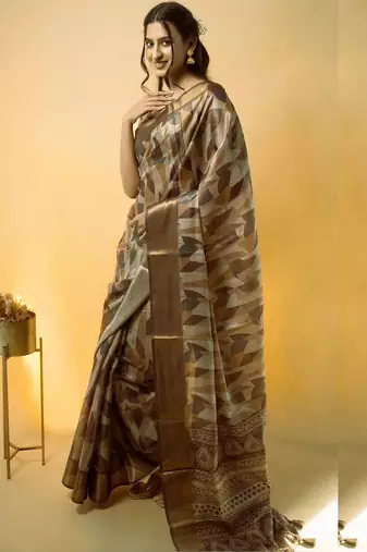 Beige polyester woven design saree with blouse