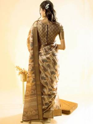 Beige polyester woven design saree with blouse 3