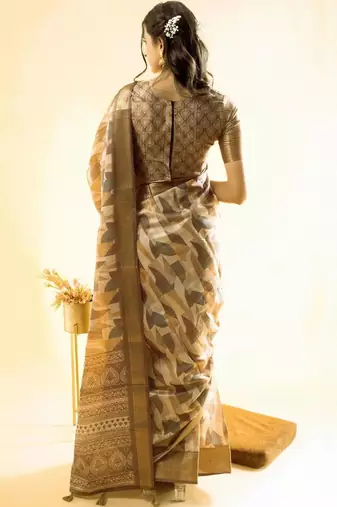 Beige polyester woven design saree with blouse