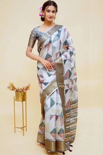 White polyester printed saree with blouse