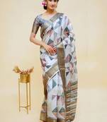 White polyester printed saree with blouse