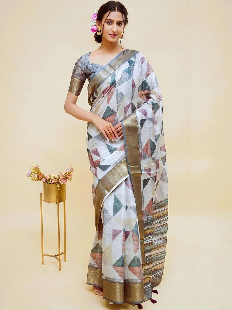 White polyester printed saree with blouse