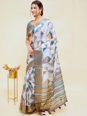 White polyester printed saree with blouse 2