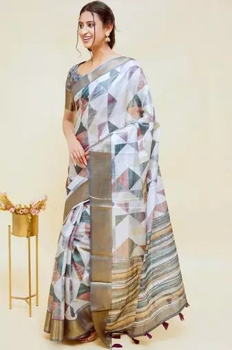 White polyester printed saree with blouse
