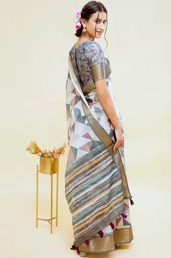 White polyester printed saree with blouse