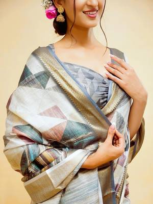 White polyester printed saree with blouse 5