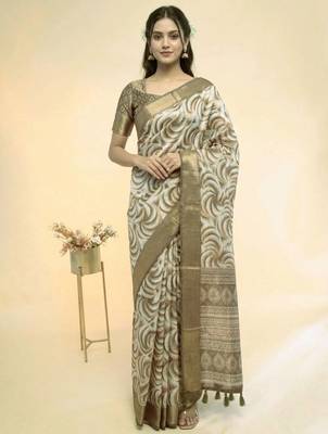 White polyester printed saree with blouse 1