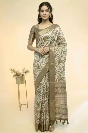 White polyester printed saree with blouse