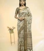 White polyester printed saree with blouse