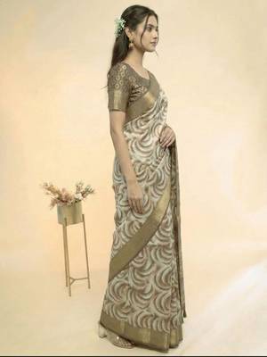 White polyester printed saree with blouse 2
