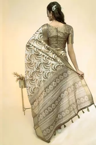 White polyester printed saree with blouse