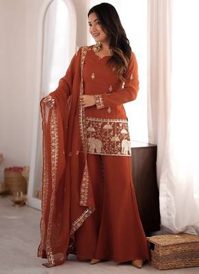 Dusty pink color roman silk dori zari sequence embroidered work suit set stitched 1