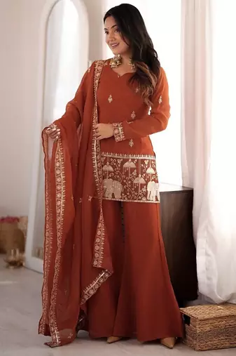 Dusty pink color roman silk dori zari sequence embroidered work suit set stitched