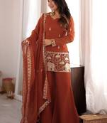 Dusty pink color roman silk dori zari sequence embroidered work suit set stitched