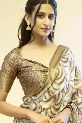 White polyester printed saree with blouse