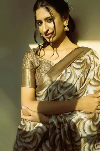 White polyester printed saree with blouse