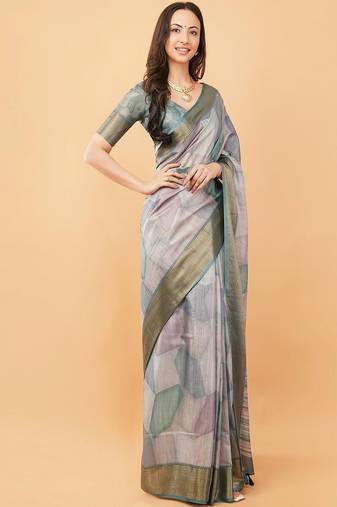 Grey polyester woven design saree with blouse
