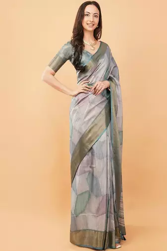 Grey polyester woven design saree with blouse
