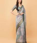 Grey polyester woven design saree with blouse