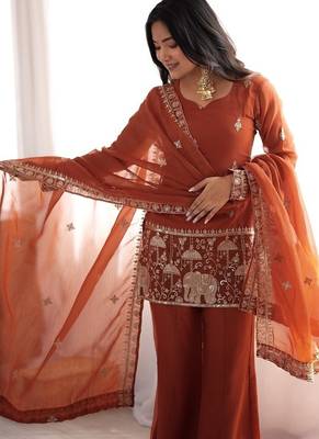 Dusty pink color roman silk dori zari sequence embroidered work suit set stitched 4