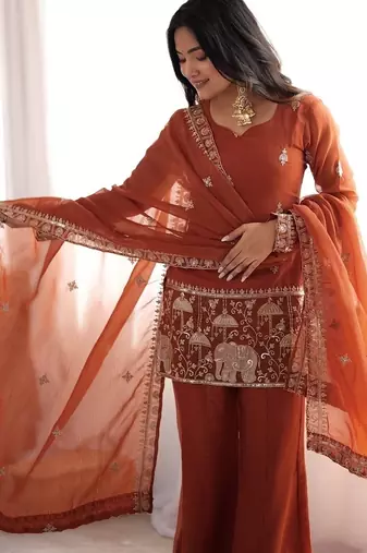Dusty pink color roman silk dori zari sequence embroidered work suit set stitched
