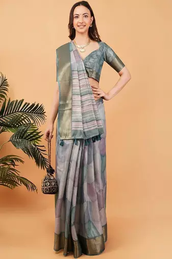 Grey polyester woven design saree with blouse