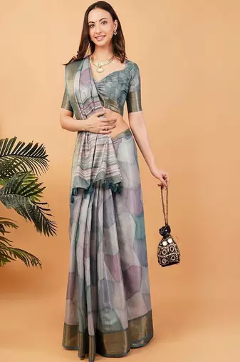 Grey polyester woven design saree with blouse