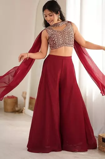 Dark rani pink color crunchy silk embroidered work crop top Palazzo dupatta set 