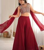Dark rani pink color crunchy silk embroidered work crop top Palazzo dupatta set 