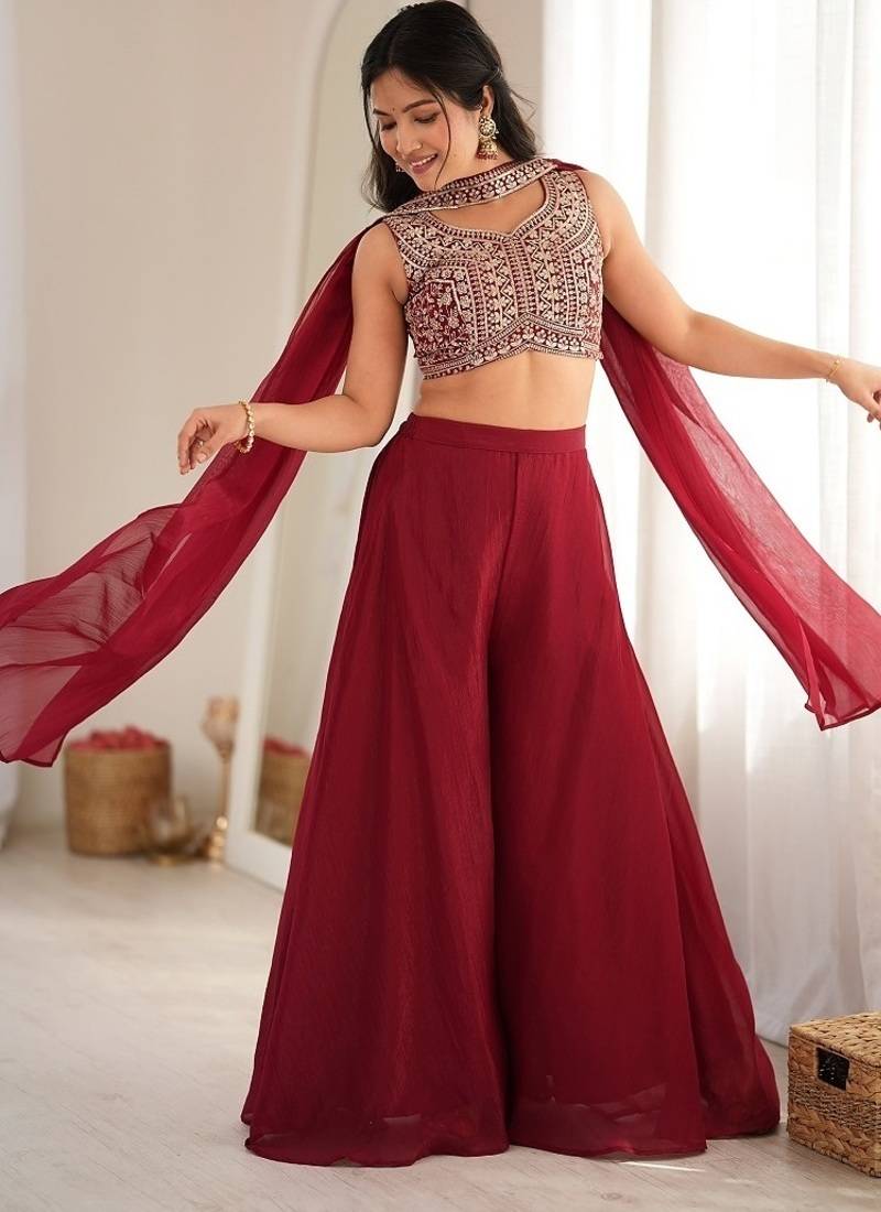Dark rani pink color crunchy silk embroidered work crop top Palazzo dupatta set 